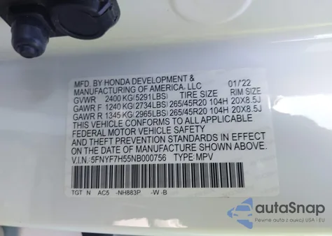 2022 Honda Passport 2Wd Ex-L z USA, uszkodzony, nr VIN 5FNYF7H55NB000756